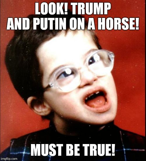 retard | LOOK! TRUMP AND PUTIN ON A HORSE! MUST BE TRUE! | image tagged in retard | made w/ Imgflip meme maker