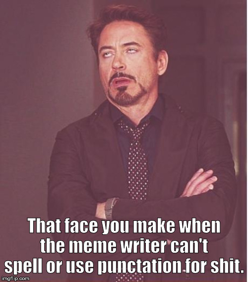 Face You Make Robert Downey Jr Meme | That face you make when the meme writer can't spell or use punctation for shit. | image tagged in memes,face you make robert downey jr | made w/ Imgflip meme maker