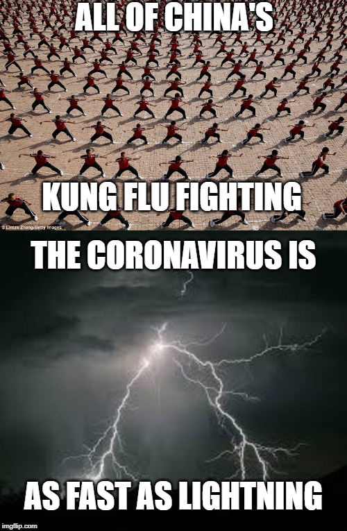 ALL OF CHINA'S; KUNG FLU FIGHTING; THE CORONAVIRUS IS; AS FAST AS LIGHTNING | image tagged in lightning_strikes,everybody was kung fu fighting | made w/ Imgflip meme maker