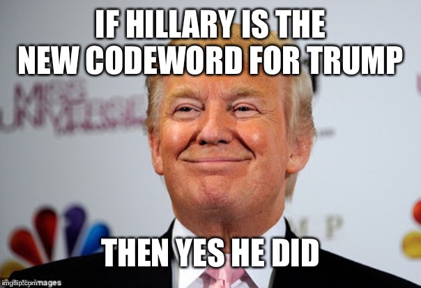 Donald trump approves | IF HILLARY IS THE NEW CODEWORD FOR TRUMP THEN YES HE DID | image tagged in donald trump approves | made w/ Imgflip meme maker