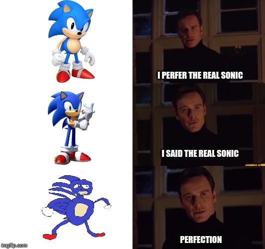 YOU'RE TOO SLOW | I PERFER THE REAL SONIC; I SAID THE REAL SONIC; PERFECTION | image tagged in perfection,sanic,sonic | made w/ Imgflip meme maker