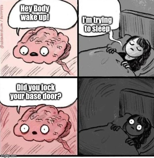 Trying to sleep | I'm trying to sleep; Hey Body wake up! Did you lock your base door? | image tagged in trying to sleep | made w/ Imgflip meme maker