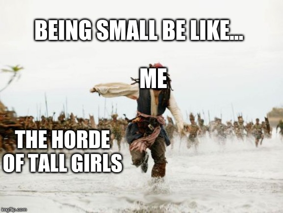 Jack Sparrow Being Chased Meme | BEING SMALL BE LIKE... ME; THE HORDE OF TALL GIRLS | image tagged in memes,jack sparrow being chased | made w/ Imgflip meme maker