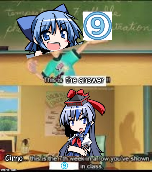 Baka | the answer; Cirno; ⑨ | image tagged in x this is the 7th week in a row you showed y in class,cirno | made w/ Imgflip meme maker
