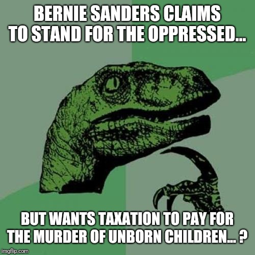 Philosoraptor | BERNIE SANDERS CLAIMS TO STAND FOR THE OPPRESSED... BUT WANTS TAXATION TO PAY FOR THE MURDER OF UNBORN CHILDREN... ? | image tagged in memes,philosoraptor | made w/ Imgflip meme maker