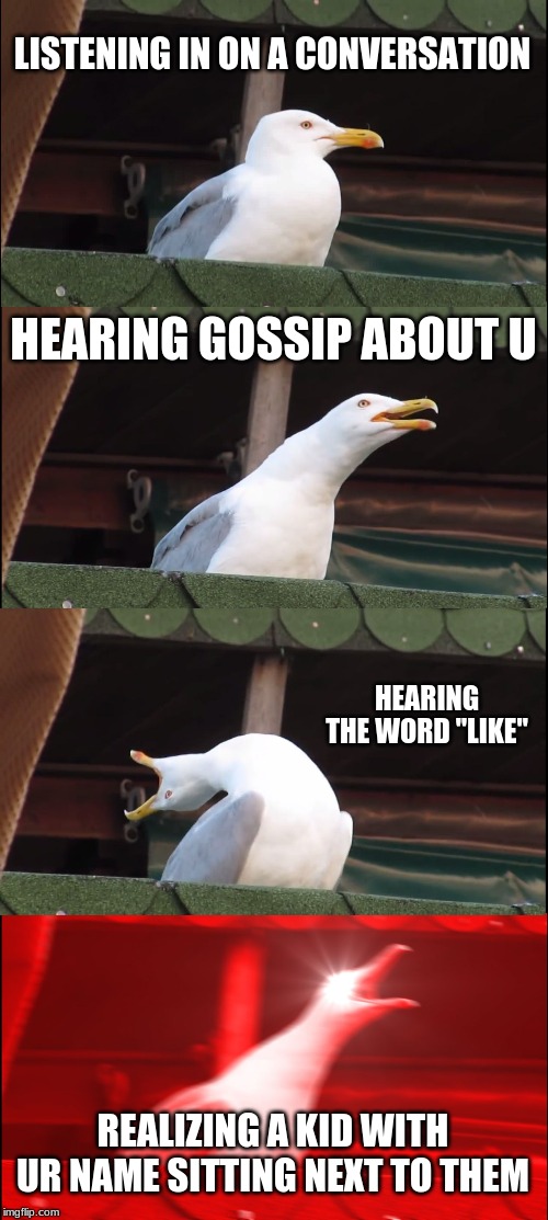 Gossip be like | LISTENING IN ON A CONVERSATION; HEARING GOSSIP ABOUT U; HEARING THE WORD "LIKE"; REALIZING A KID WITH UR NAME SITTING NEXT TO THEM | image tagged in memes,inhaling seagull | made w/ Imgflip meme maker
