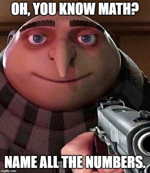 Gru holding a gun | OH, YOU KNOW MATH? NAME ALL THE NUMBERS. | image tagged in gru holding a gun | made w/ Imgflip meme maker