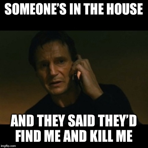 Liam Neeson Taken Meme | SOMEONE’S IN THE HOUSE; AND THEY SAID THEY’D FIND ME AND KILL ME | image tagged in memes,liam neeson taken | made w/ Imgflip meme maker