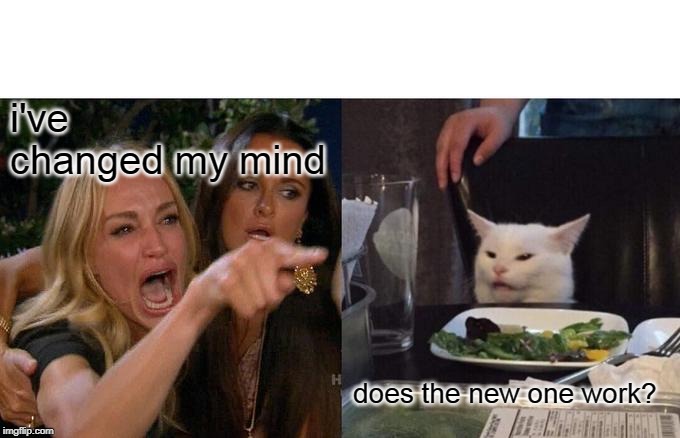 Woman Yelling At Cat | i've changed my mind; does the new one work? | image tagged in memes,woman yelling at cat | made w/ Imgflip meme maker