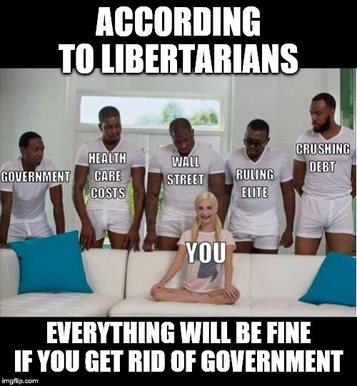 ACCORDING TO LIBERTARIANS; EVERYTHING WILL BE FINE IF YOU GET RID OF GOVERNMENT | image tagged in politics,this is what libertarians believe | made w/ Imgflip meme maker