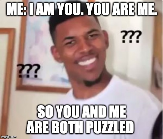 Nick Young | ME: I AM YOU. YOU ARE ME. SO YOU AND ME ARE BOTH PUZZLED | image tagged in nick young | made w/ Imgflip meme maker