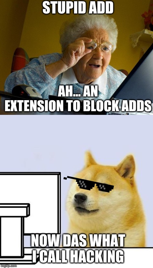 STUPID ADD; AH... AN EXTENSION TO BLOCK ADDS; NOW DAS WHAT I CALL HACKING | image tagged in memes,grandma finds the internet,hacker doge | made w/ Imgflip meme maker