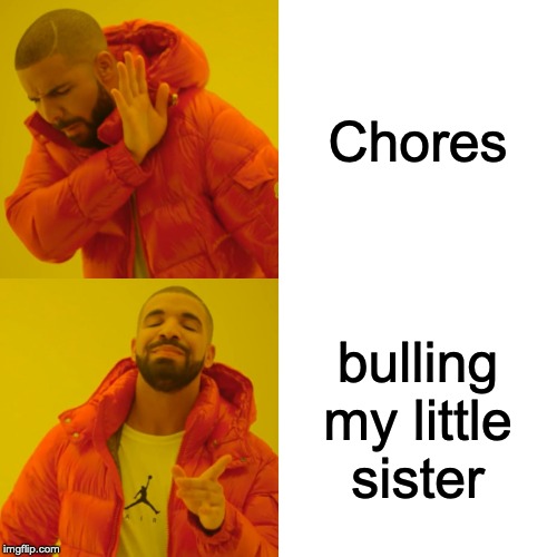 Drake Hotline Bling Meme | Chores; bulling my little sister | image tagged in memes,drake hotline bling | made w/ Imgflip meme maker