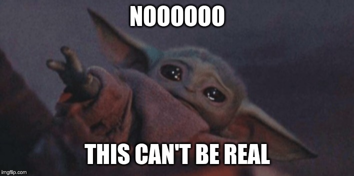 Baby yoda cry | NOOOOOO THIS CAN'T BE REAL | image tagged in baby yoda cry | made w/ Imgflip meme maker