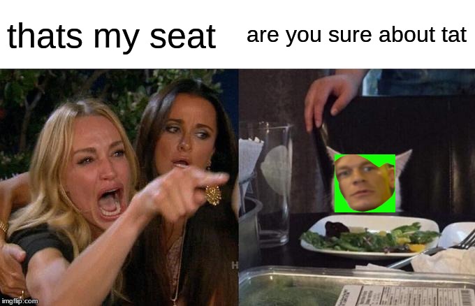 JONH CENA as a cat | thats my seat; are you sure about tat | image tagged in memes,woman yelling at cat | made w/ Imgflip meme maker