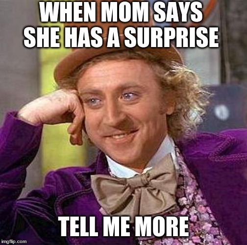 Creepy Condescending Wonka Meme | WHEN MOM SAYS SHE HAS A SURPRISE; TELL ME MORE | image tagged in memes,creepy condescending wonka | made w/ Imgflip meme maker