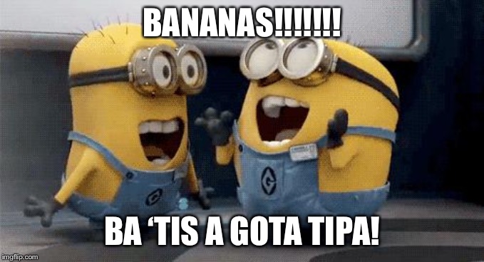 Excited Minions Meme | BANANAS!!!!!!! BA ‘TIS A GOTA TIPA! | image tagged in memes,excited minions | made w/ Imgflip meme maker