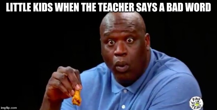 surprised shaq | LITTLE KIDS WHEN THE TEACHER SAYS A BAD WORD | image tagged in surprised shaq | made w/ Imgflip meme maker