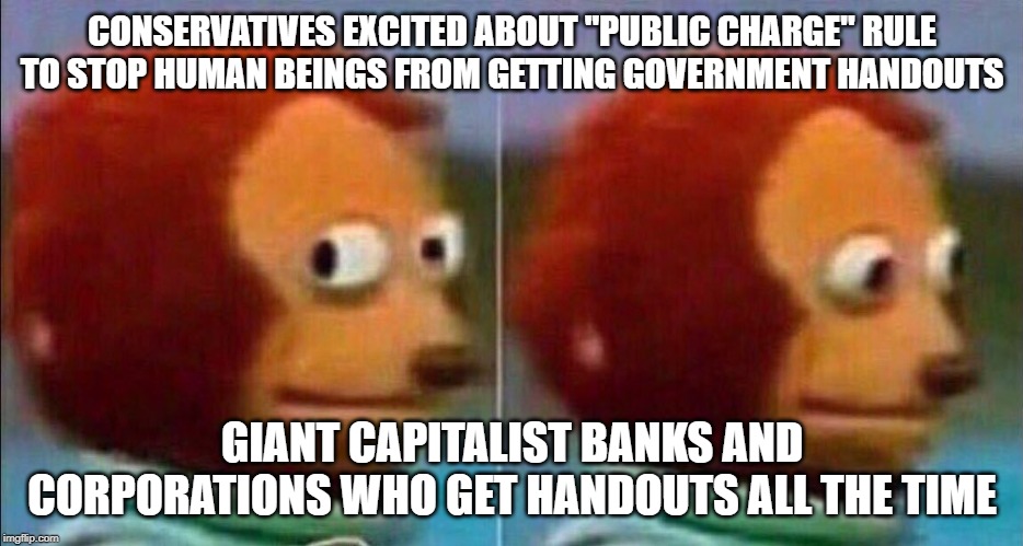 Monkey looking away | CONSERVATIVES EXCITED ABOUT "PUBLIC CHARGE" RULE TO STOP HUMAN BEINGS FROM GETTING GOVERNMENT HANDOUTS; GIANT CAPITALIST BANKS AND CORPORATIONS WHO GET HANDOUTS ALL THE TIME | image tagged in monkey looking away,public charge,supreme court,welfare | made w/ Imgflip meme maker