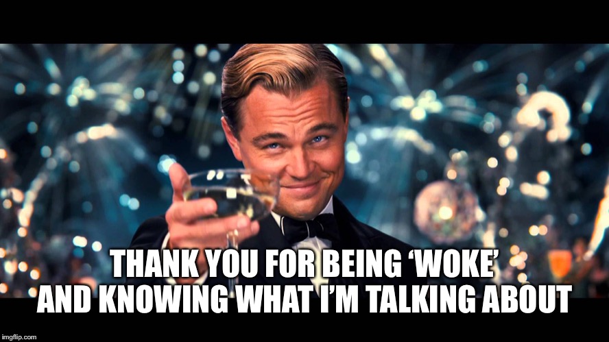 lionardo dicaprio thank you | THANK YOU FOR BEING ‘WOKE’ AND KNOWING WHAT I’M TALKING ABOUT | image tagged in lionardo dicaprio thank you | made w/ Imgflip meme maker