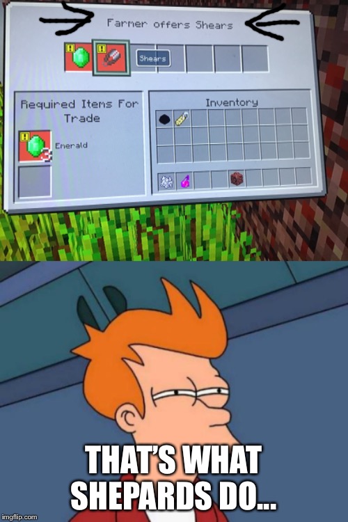 just a cursed image lol | THAT’S WHAT SHEPARDS DO... | image tagged in memes,futurama fry,cursed,minecraft,villager,trading | made w/ Imgflip meme maker