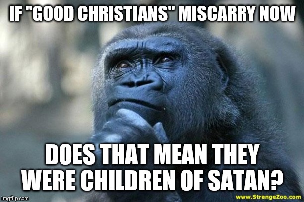 Deep Thoughts | IF "GOOD CHRISTIANS" MISCARRY NOW; DOES THAT MEAN THEY WERE CHILDREN OF SATAN? | image tagged in deep thoughts,AdviceAnimals | made w/ Imgflip meme maker