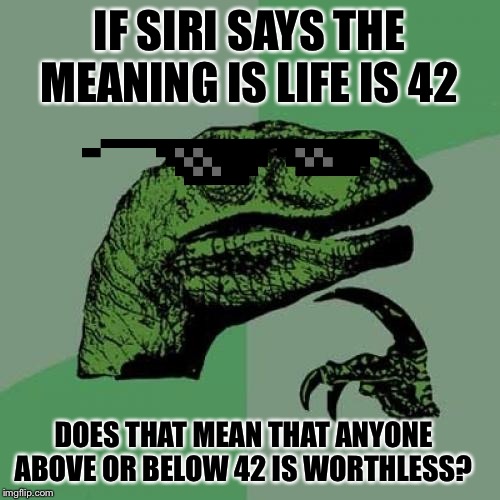 Philosoraptor | IF SIRI SAYS THE MEANING IS LIFE IS 42; DOES THAT MEAN THAT ANYONE ABOVE OR BELOW 42 IS WORTHLESS? | image tagged in memes,philosoraptor | made w/ Imgflip meme maker