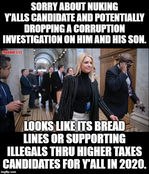 Do you want to nuke Joe and Hunter Biden?  Cause Pam Bondi  is how you nuke Joe and Hunter Biden! | SORRY ABOUT NUKING Y'ALLS CANDIDATE AND POTENTIALLY DROPPING A CORRUPTION INVESTIGATION ON HIM AND HIS SON. PARADOX3713; LOOKS LIKE ITS BREAD LINES OR SUPPORTING ILLEGALS THRU HIGHER TAXES CANDIDATES FOR Y'ALL IN 2020. | image tagged in memes,biden,democrats,impeachment,politics,corruption | made w/ Imgflip meme maker