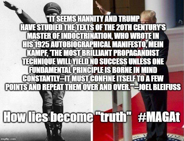 propaganda works | "IT SEEMS HANNITY AND TRUMP HAVE STUDIED THE TEXTS OF THE 20TH CENTURY'S MASTER OF INDOCTRINATION, WHO WROTE IN HIS 1925 AUTOBIOGRAPHICAL MANIFESTO, MEIN KAMPF, 'THE MOST BRILLIANT PROPAGANDIST TECHNIQUE WILL YIELD NO SUCCESS UNLESS ONE FUNDAMENTAL PRINCIPLE IS BORNE IN MIND CONSTANTLY--IT MUST CONFINE ITSELF TO A FEW POINTS AND REPEAT THEM OVER AND OVER.'"--JOEL BLEIFUSS; How lies become "truth"   #MAGAt | image tagged in trump,lies,trump lies,sheep,sheeple | made w/ Imgflip meme maker