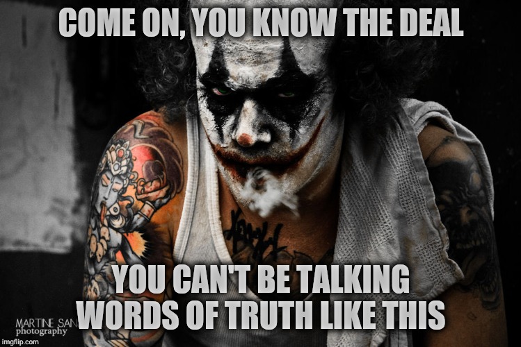 Koba the Clown | COME ON, YOU KNOW THE DEAL YOU CAN'T BE TALKING WORDS OF TRUTH LIKE THIS | image tagged in koba the clown | made w/ Imgflip meme maker