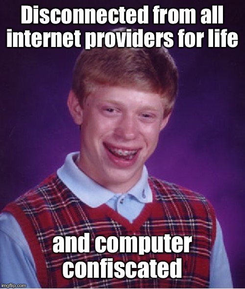 Bad Luck Brian Meme | Disconnected from all internet providers for life and computer confiscated | image tagged in memes,bad luck brian | made w/ Imgflip meme maker