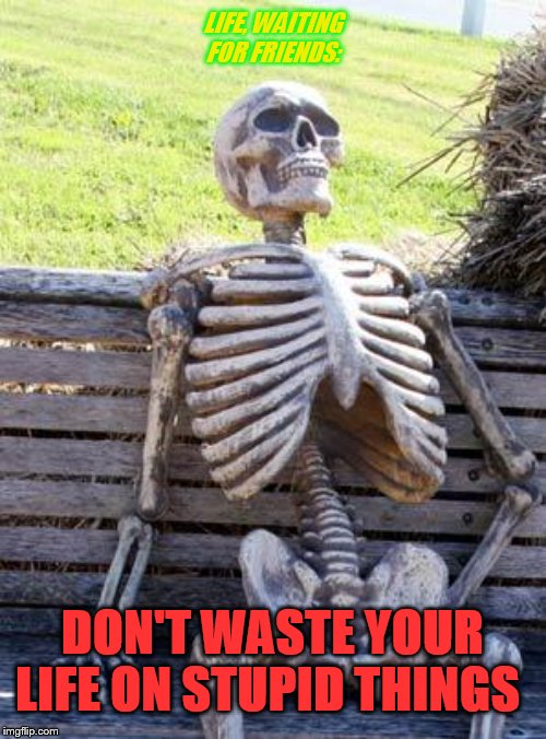 Don't waiting! | LIFE, WAITING FOR FRIENDS:; DON'T WASTE YOUR LIFE ON STUPID THINGS | image tagged in memes,waiting skeleton,waiting,life,real life,friends | made w/ Imgflip meme maker