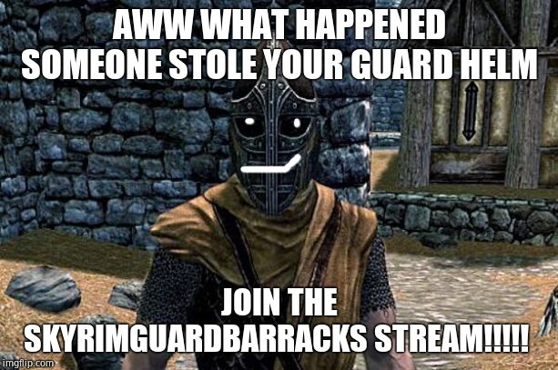 skyrim guard | AWW WHAT HAPPENED SOMEONE STOLE YOUR GUARD HELM; JOIN THE SKYRIMGUARDBARRACKS STREAM!!!!! | image tagged in skyrim guard | made w/ Imgflip meme maker