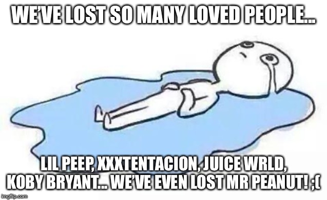 May they all rest in our hearts... | WE’VE LOST SO MANY LOVED PEOPLE... LIL PEEP, XXXTENTACION, JUICE WRLD, KOBY BRYANT... WE’VE EVEN LOST MR PEANUT! ;( | image tagged in person crying,kobe bryant,xxxtentacion,lil peep,juice wrld,mr peanut | made w/ Imgflip meme maker