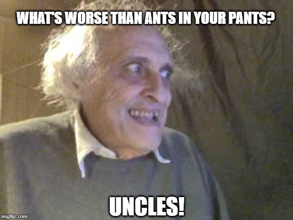 That's Worse! | WHAT'S WORSE THAN ANTS IN YOUR PANTS? UNCLES! | image tagged in old pervert | made w/ Imgflip meme maker