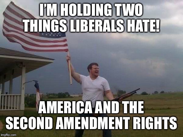American flag shotgun guy | I’M HOLDING TWO THINGS LIBERALS HATE! AMERICA AND THE SECOND AMENDMENT RIGHTS | image tagged in american flag shotgun guy | made w/ Imgflip meme maker