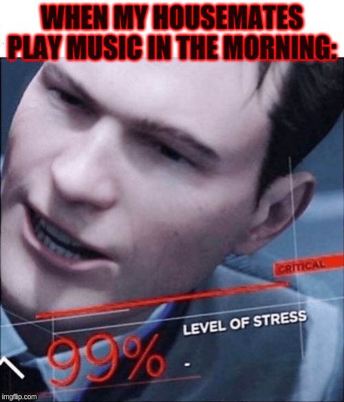 99% Level of Stress | WHEN MY HOUSEMATES PLAY MUSIC IN THE MORNING: | image tagged in 99 level of stress | made w/ Imgflip meme maker