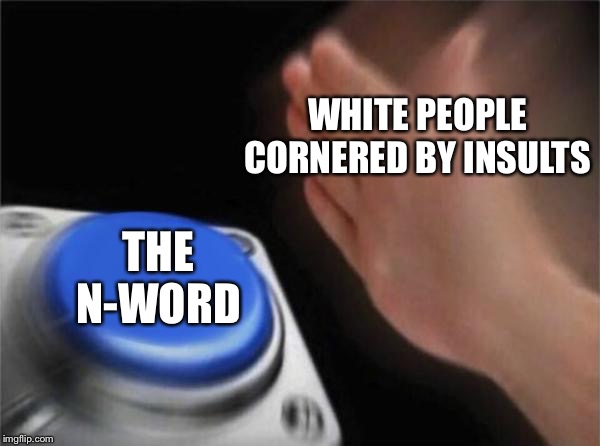 Blank Nut Button | WHITE PEOPLE CORNERED BY INSULTS; THE N-WORD | image tagged in memes,blank nut button | made w/ Imgflip meme maker
