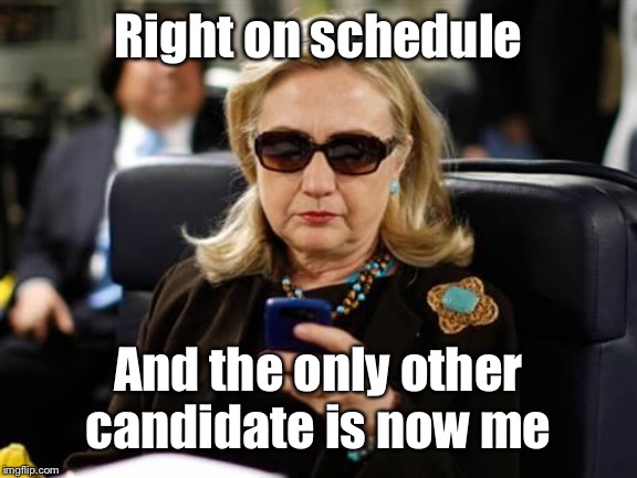 Hillary Clinton Cellphone Meme | Right on schedule And the only other candidate is now me | image tagged in memes,hillary clinton cellphone | made w/ Imgflip meme maker