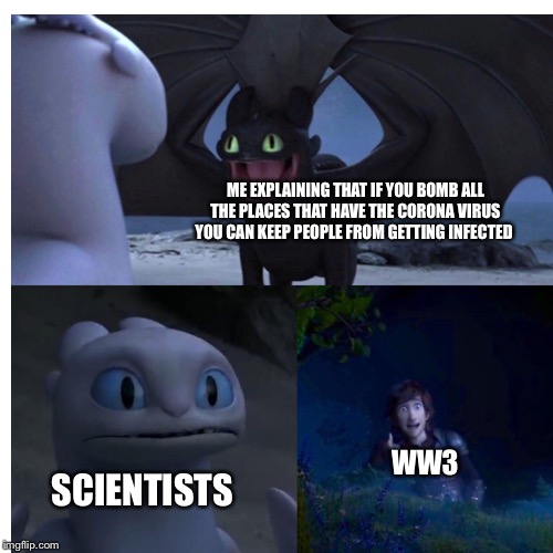 ME EXPLAINING THAT IF YOU BOMB ALL THE PLACES THAT HAVE THE CORONA VIRUS YOU CAN KEEP PEOPLE FROM GETTING INFECTED; SCIENTISTS; WW3 | image tagged in toothless | made w/ Imgflip meme maker