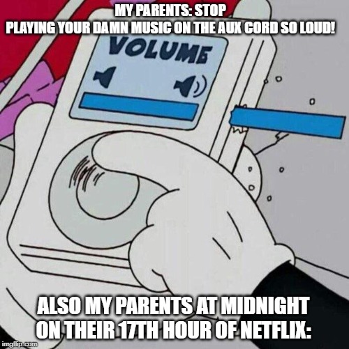 Volume Max  | MY PARENTS: STOP PLAYING YOUR DAMN MUSIC ON THE AUX CORD SO LOUD! ALSO MY PARENTS AT MIDNIGHT ON THEIR 17TH HOUR OF NETFLIX: | image tagged in volume max | made w/ Imgflip meme maker