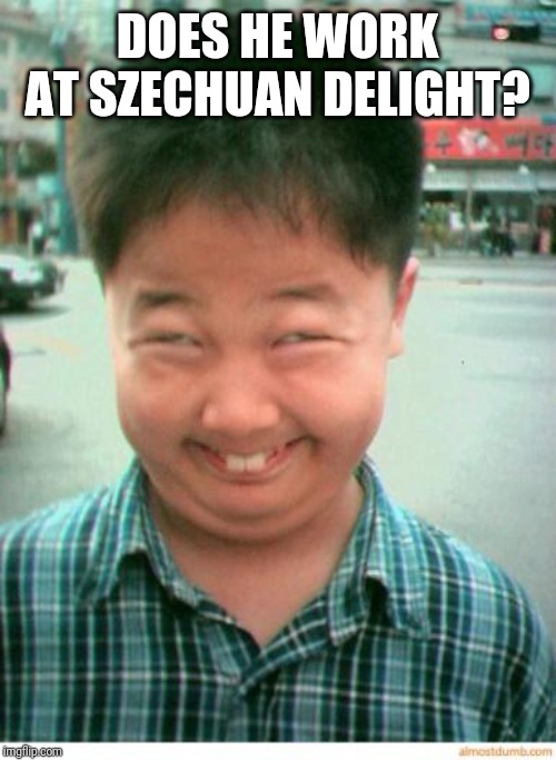 funny asian face | DOES HE WORK AT SZECHUAN DELIGHT? | image tagged in funny asian face | made w/ Imgflip meme maker