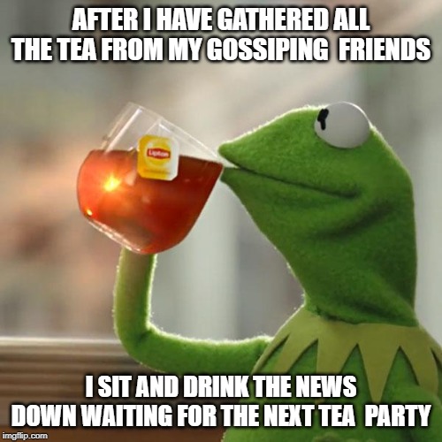 But That's None Of My Business | AFTER I HAVE GATHERED ALL THE TEA FROM MY GOSSIPING  FRIENDS; I SIT AND DRINK THE NEWS DOWN WAITING FOR THE NEXT TEA  PARTY | image tagged in memes,but thats none of my business,kermit the frog | made w/ Imgflip meme maker