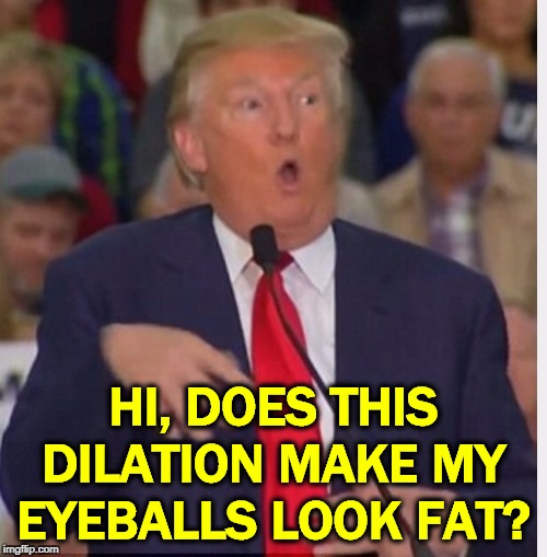 Ask Noel Casler. |  HI, DOES THIS DILATION MAKE MY EYEBALLS LOOK FAT? | image tagged in donald trump tho,trump,eyes,drugs,addict | made w/ Imgflip meme maker