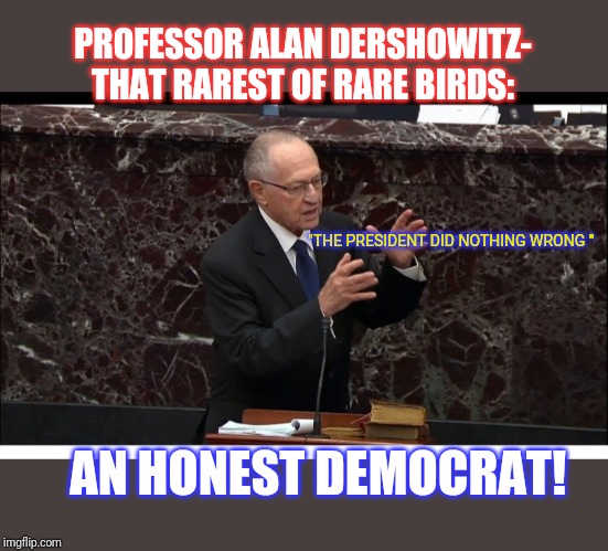 I LIKE THIS GUY... | PROFESSOR ALAN DERSHOWITZ-  THAT RAREST OF RARE BIRDS:; "THE PRESIDENT DID NOTHING WRONG "; AN HONEST DEMOCRAT! | image tagged in honesty,lawyers,crying democrats,butthurt liberals | made w/ Imgflip meme maker