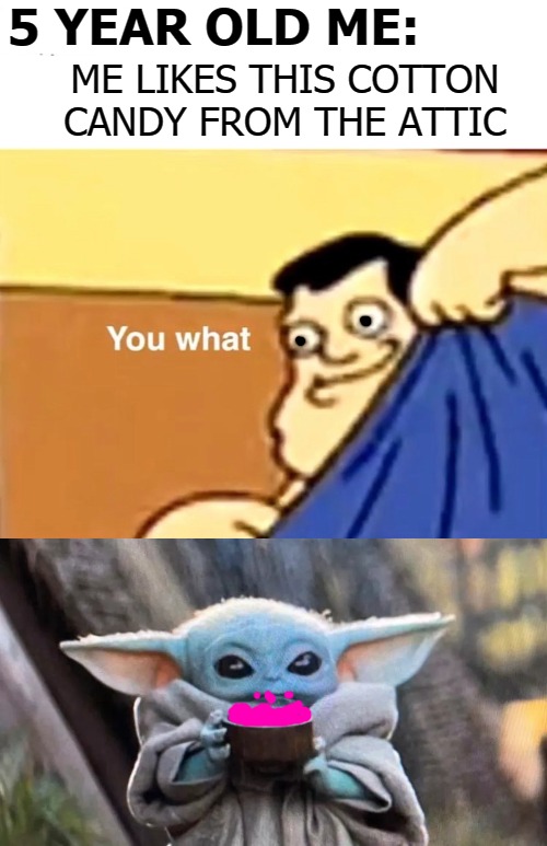 5 YEAR OLD ME:; ME LIKES THIS COTTON CANDY FROM THE ATTIC | image tagged in me likds | made w/ Imgflip meme maker