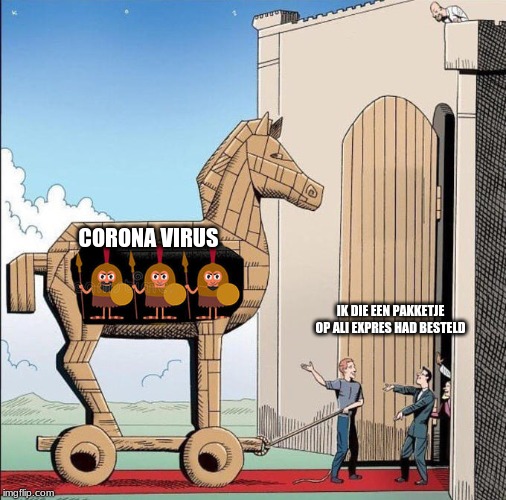 Trojan Horse | CORONA VIRUS; IK DIE EEN PAKKETJE OP ALI EXPRES HAD BESTELD | image tagged in trojan horse | made w/ Imgflip meme maker