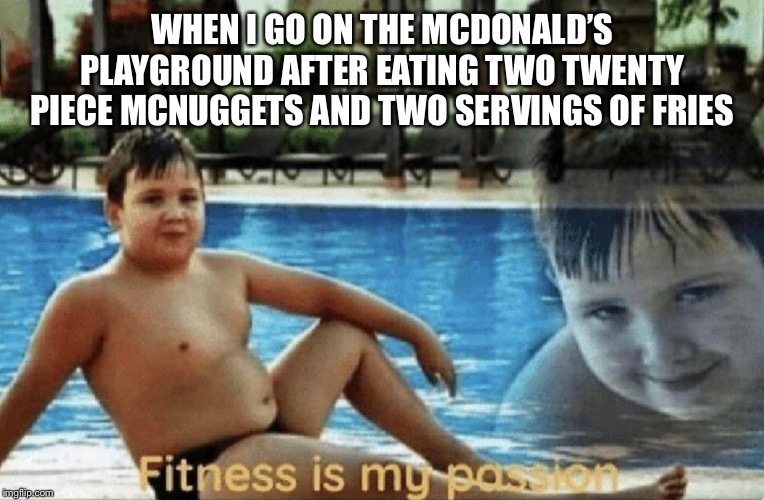 I’m so stronks | WHEN I GO ON THE MCDONALD’S PLAYGROUND AFTER EATING TWO TWENTY PIECE MCNUGGETS AND TWO SERVINGS OF FRIES | image tagged in fitness is my passion,mcdonalds | made w/ Imgflip meme maker