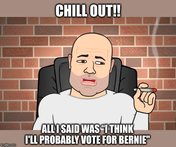 Joe Rogan | CHILL OUT!! ALL I SAID WAS “I THINK I'LL PROBABLY VOTE FOR BERNIE" | image tagged in joe rogan,bernie sanders,political meme,fake outrage | made w/ Imgflip meme maker