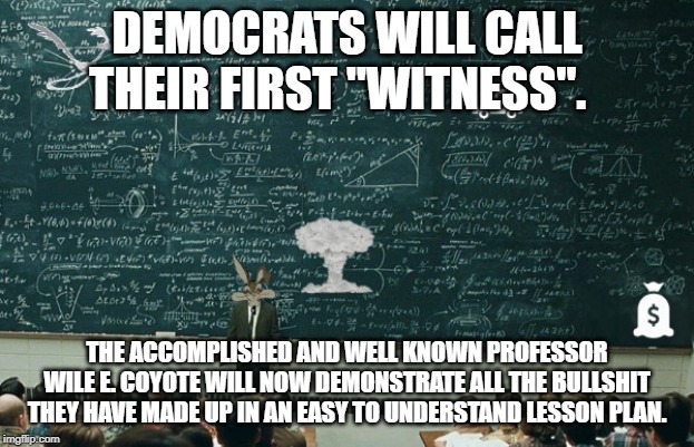 Class with Professor Wile E. Coyote | DEMOCRATS WILL CALL THEIR FIRST "WITNESS". THE ACCOMPLISHED AND WELL KNOWN PROFESSOR WILE E. COYOTE WILL NOW DEMONSTRATE ALL THE BULLSHIT THEY HAVE MADE UP IN AN EASY TO UNDERSTAND LESSON PLAN. | image tagged in class with professor wile e coyote | made w/ Imgflip meme maker